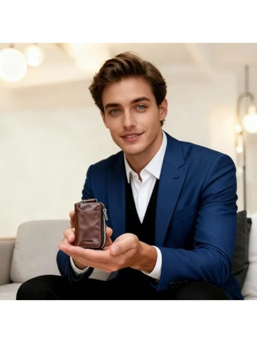 Stylish Genuine Leather Key Case & Card Holder Wallet with 6 Hooks for Men